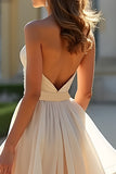 Champagne A Line Strapless Long Prom Dress With Ruffles