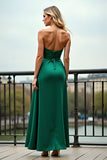 Dark Green A Line Spaghetti Straps Long Satin Prom Dress