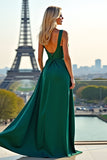 A Line Dark Green Spaghetti Straps Long Prom Dress With Slit