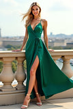 Graceful Dark Green A Line Spaghetti Straps Long Prom Dress With Slit