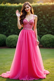 Sparkly Pink A Line Spaghetti Straps Long Prom Dress With Sequin