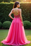 Sparkly Pink A Line Spaghetti Straps Long Prom Dress With Sequin