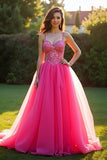 Sparkly Fuchsia A Line Spaghetti Straps Long Tulle Prom Dress With Sequins