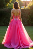 Sparkly Fuchsia A Line Spaghetti Straps Long Tulle Prom Dress With Sequins