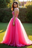 Sparkly Fuchsia A Line Spaghetti Straps Long Tulle Prom Dress With Sequins