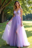 Sparkly Lilac A Line Spaghetti Straps Lace Long Prom Dress With Slit