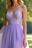 Sparkly Lilac A Line Spaghetti Straps Lace Long Prom Dress With Slit