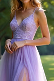 Sparkly Lilac A Line Spaghetti Straps Lace Long Prom Dress With Slit