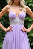 Sparkly Lilac A Line Beaded Spaghetti Straps Tulle Long Prom Dress