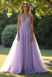 Lilac A Line Spaghetti Straps Long Prom Dress With Lace Appliques