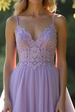 Lilac A Line Spaghetti Straps Long Prom Dress With Lace Appliques