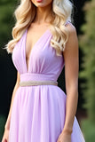 Lilac A Line Deep V Neck Long Prom Dress With Beading