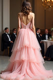 Sparkly Pink A Line Spaghetti Straps Sequin Long Prom Dress With Ruffles