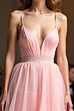 Sparkly Pink A Line Spaghetti Straps Sequin Long Prom Dress With Ruffles