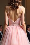 Sparkly Pink A Line Spaghetti Straps Sequin Long Prom Dress With Ruffles