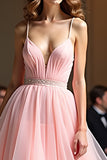 Sparkly Pink A Line Spaghetti Straps Sequin Long Prom Dress With Ruffles