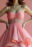 Sparkly Pink A Line Spaghetti Straps Ruffle Long Prom Dress With Sequins