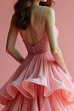 Sparkly Pink A Line Spaghetti Straps Ruffle Long Prom Dress With Sequins