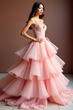 Sparkly Pink A Line Spaghetti Straps Corset Long Ruffles Prom Dress With Sequins