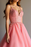 Sparkly Pink Sequin A Line Ruffled Long Prom Dress With Lace