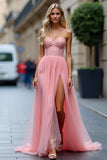 Sparkly Pink A Line Strapless Corset Long Prom Dress With Slit