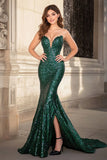 Sparkly Sheath Dark Green Sequin Long Prom Dress With Slit