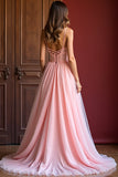 Elegant Pink A Line Spaghetti Straps Long Tulle Prom Dress