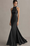 Simple Coffee Satin Halter Mermaid Long Formal Dress