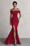 Black Satin Mermaid Off the Shoulder Long Formal Dress with Slit