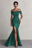 Black Satin Mermaid Off the Shoulder Long Formal Dress with Slit