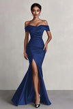 Black Satin Mermaid Off the Shoulder Long Formal Dress with Slit