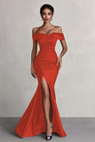 Black Satin Mermaid Off the Shoulder Long Formal Dress with Slit