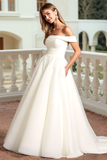 Ivory Organza A Line Off the Shoulder Sweep Train Wedding Dress