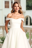 Ivory Organza A Line Off the Shoulder Sweep Train Wedding Dress