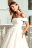Ivory Organza A Line Off the Shoulder Sweep Train Wedding Dress