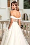 Ivory Organza A Line Off the Shoulder Sweep Train Wedding Dress