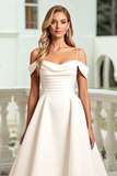 Ivory Satin Spaghetti Straps Sweep Train Wedding Dress