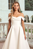 Ivory Satin Spaghetti Straps Sweep Train Wedding Dress