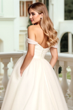 Simple Ivory Off the Shoulder Sweep Train Wedding Dress