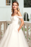 Simple Ivory Off the Shoulder Sweep Train Wedding Dress