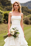 Ivory Chiffon Square Sweep Train Boho Wedding Dress
