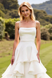 Ivory Chiffon Square Sweep Train Boho Wedding Dress