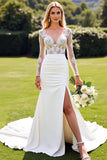 Ivory Satin V Neck Sweep Train Wedding Dress with Lace