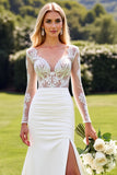 Ivory Satin V Neck Sweep Train Wedding Dress with Lace