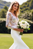 Ivory Satin V Neck Sweep Train Wedding Dress with Lace