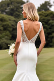 Ivory V Neck Sweep Train Satin Wedding Dress with Lace