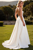 Ivory Satin Spaghetti Straps Sweep Train Boho Wedding Dress with Lace