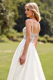 Ivory Satin Sweep Train Spaghetti Straps Boho Wedding Dress with Lace