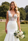 Ivory Satin Sweep Train V Neck Mermaid Wedding Dress with Lace