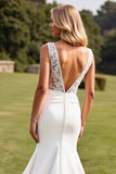 Ivory Satin Sweep Train V Neck Mermaid Wedding Dress with Lace